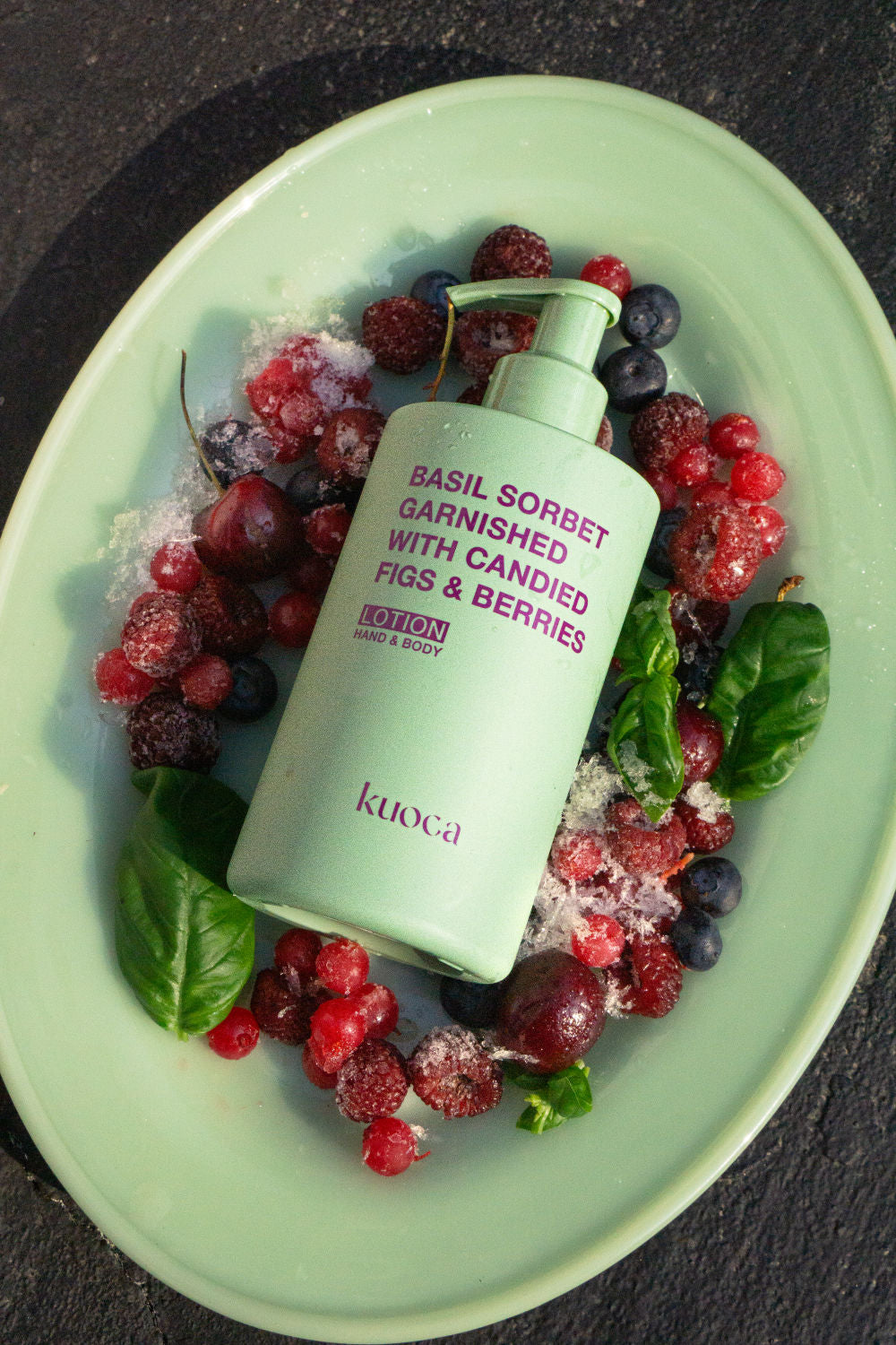 KUOCA Basil Sorbet Garnished with Candied Figs & Barries Hand & Body Lotion