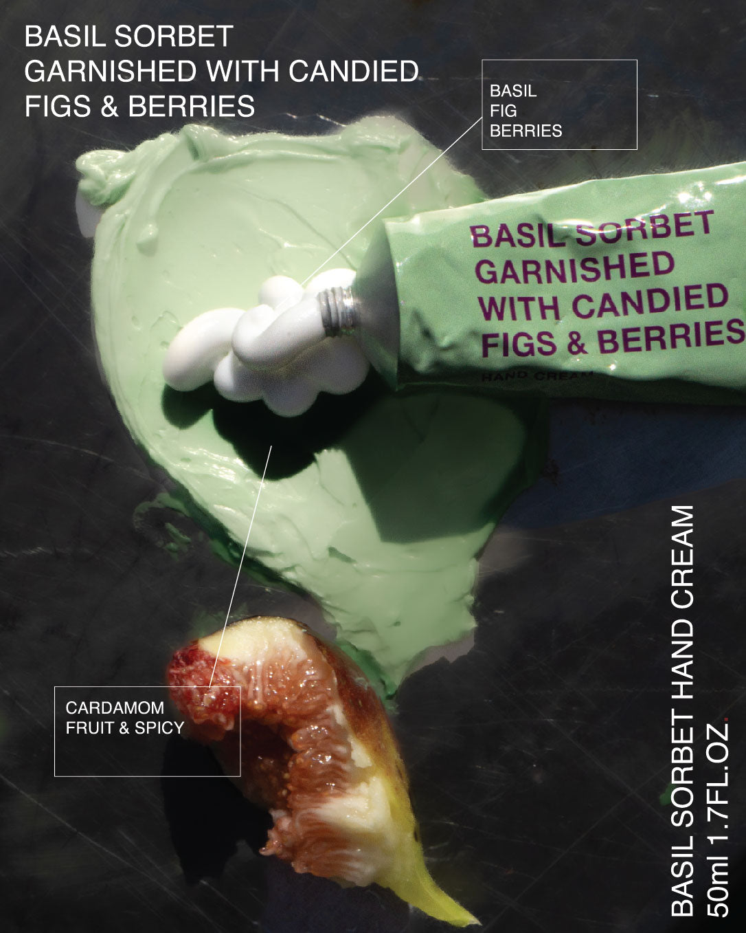 KUOCA Basil Sorbet Garnished with Candied Figs & Barries Hand Cream