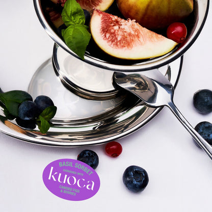 KUOCA Basil Sorbet Garnished with Candied Figs & Barries Mist